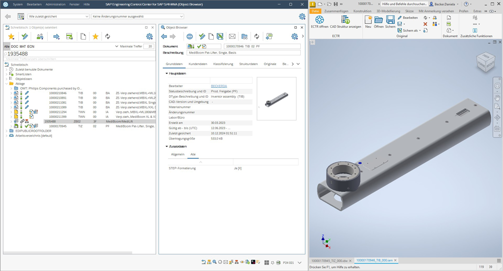 Ondal Screenshot aus SAP ECTR und Autodesk Inventor