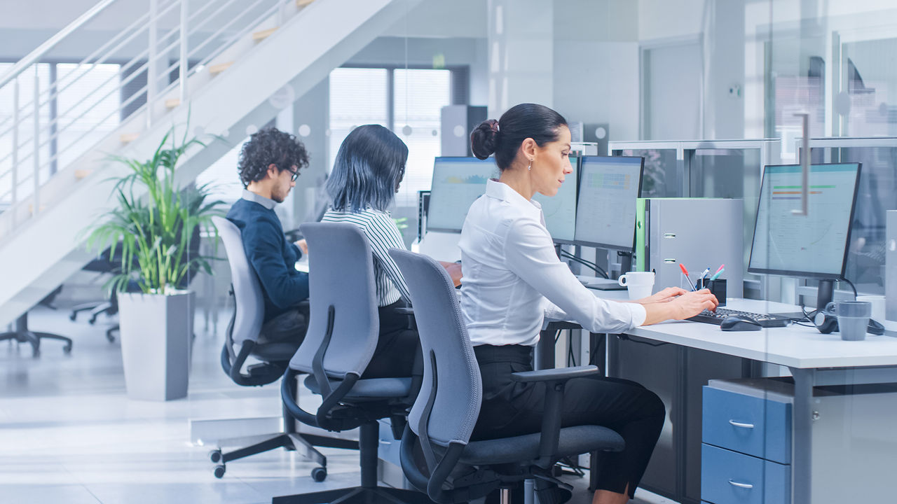 Beautiful Female Manager Working on a Personal Computer. Raw of Three Diverse and Motivated Business People Work on Computers in Modern Open Office.