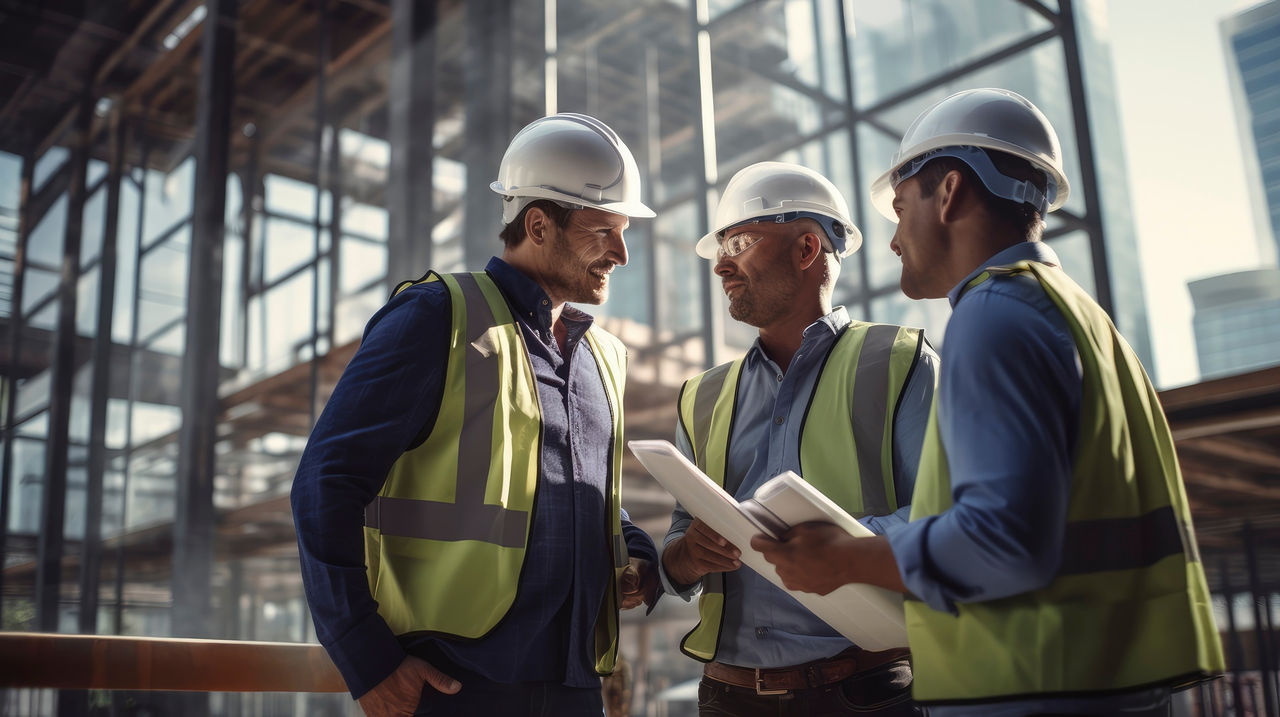 Generative AI Construction manager talking about architectural plan at construction site