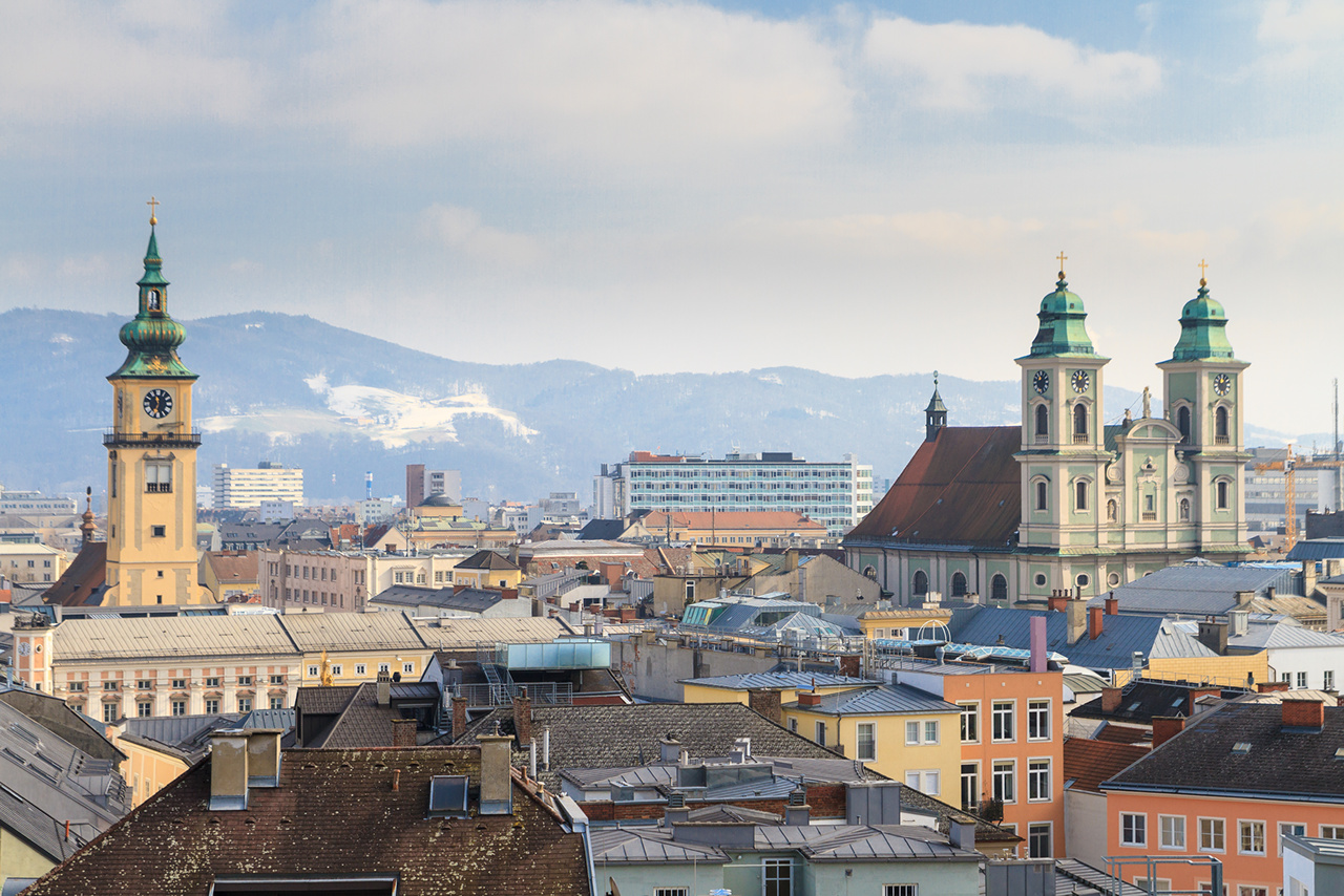 Linz, View on old city with churches, Austria